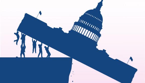 grafika przedstawiająca ludzi przechylających budynek Kongresu nad krawędzią